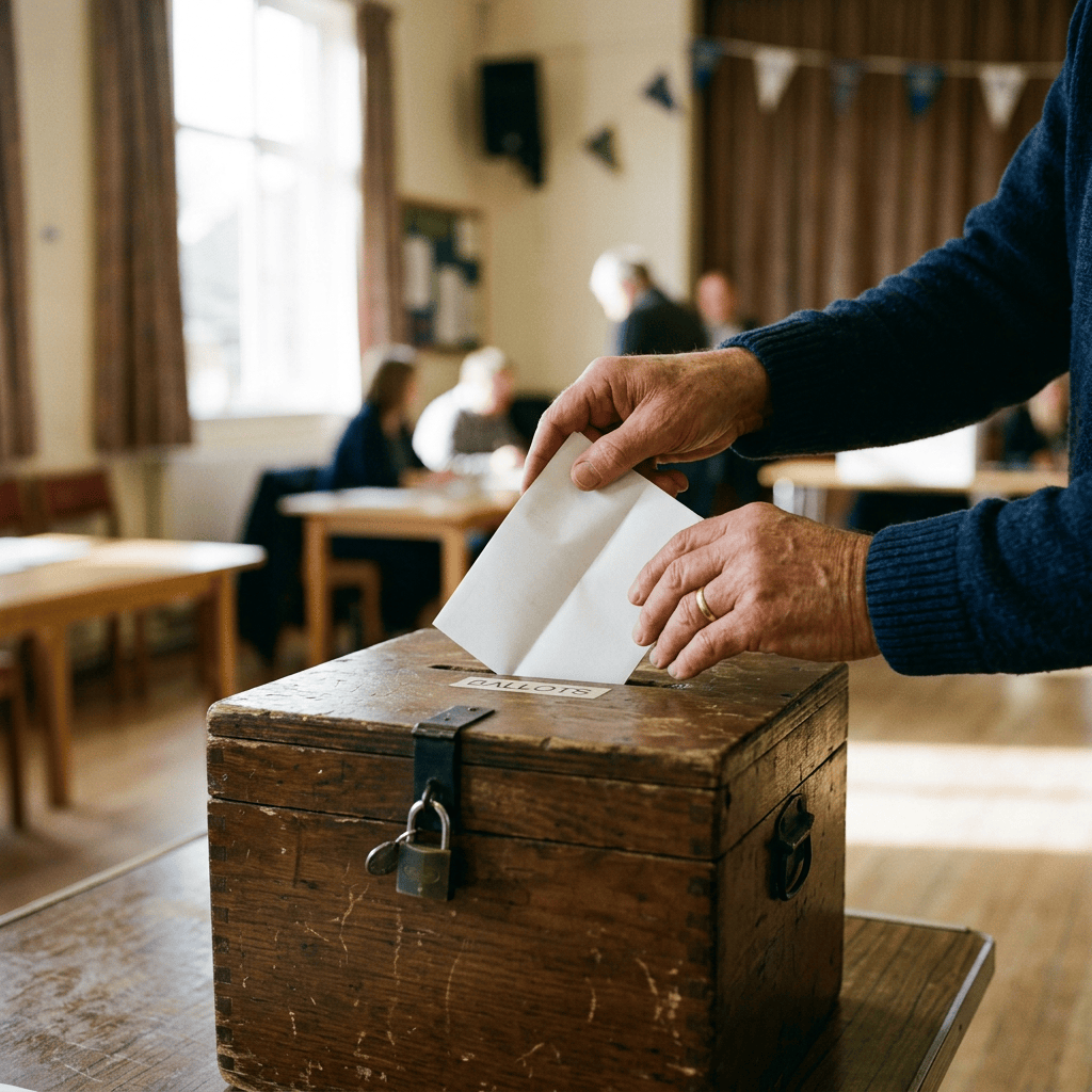 Person placing a paper ballot into a locked wooden ballot box