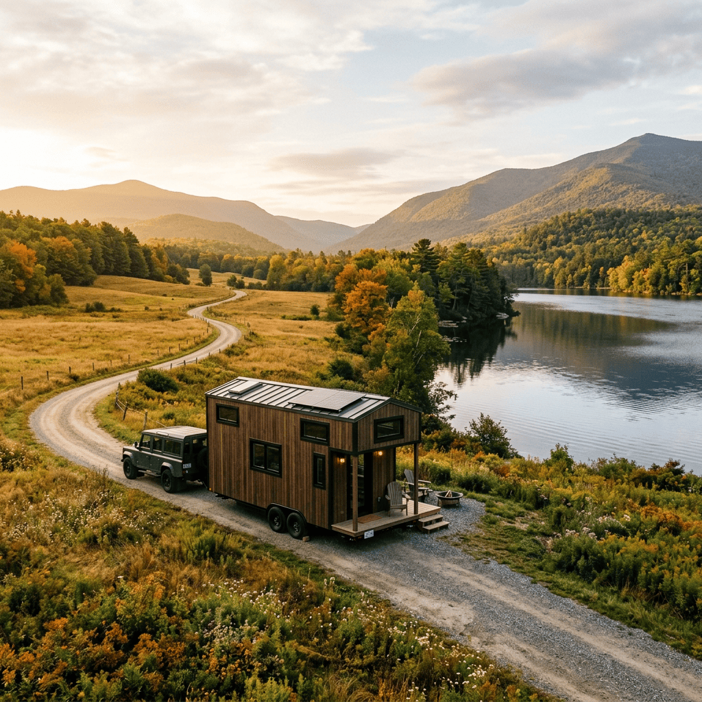 Modern tiny home beside a lake with autumn trees and mountains