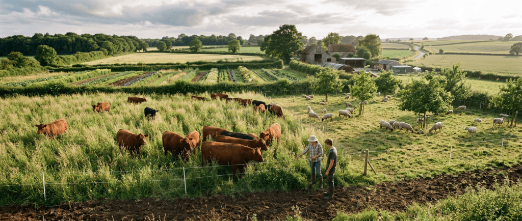 Two farmers beside cattle and sheep on a rural mixed farm