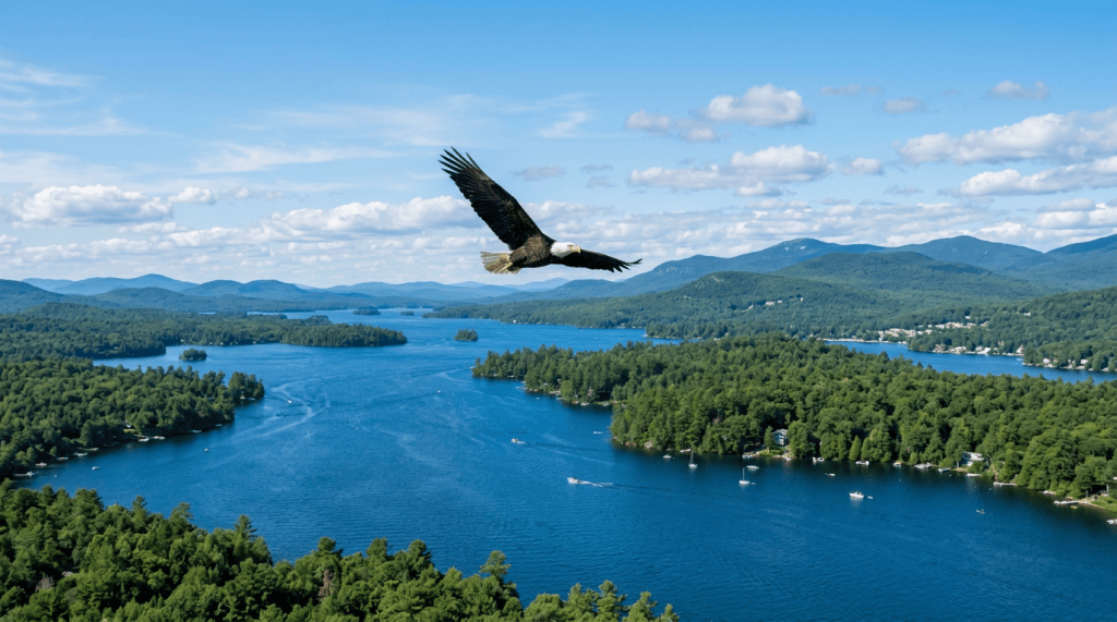 Bald eagle flying over a forested mountain lake with boats